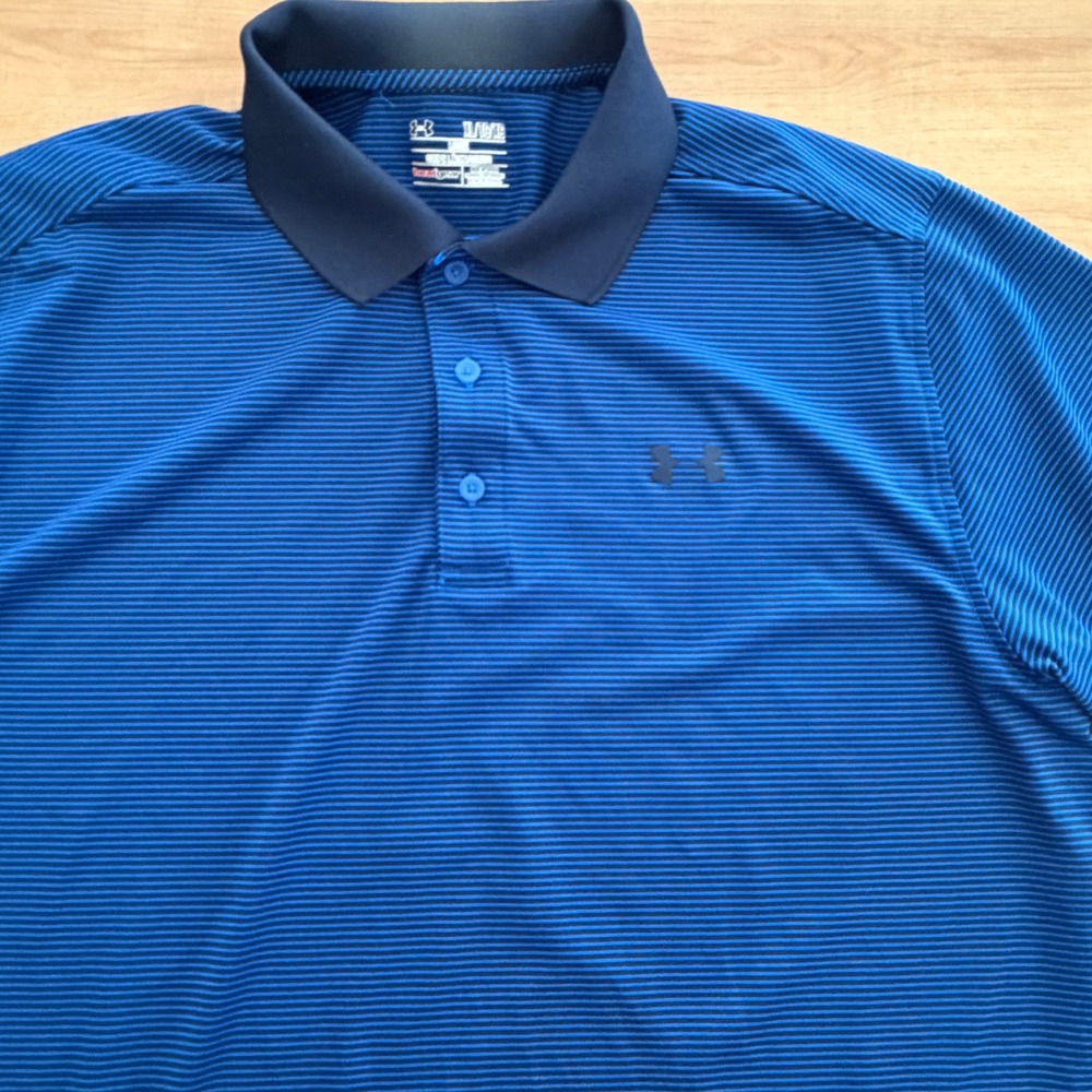 Under Armour Mens XL HeatGear Loose‎ Fit Polo Shirt Blue Navy Micro Stripe Logo - Picture 2 of 8